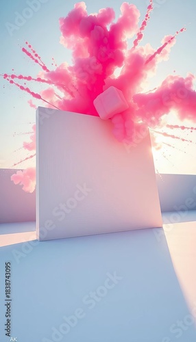 A stark white canvas explodes with saturated hues, tilting wildly to capture the unexpected energy of pure form,  bold,  modern