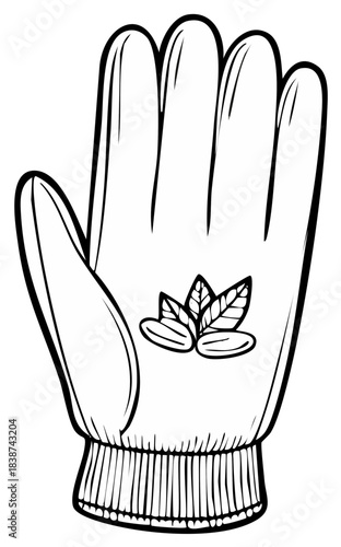 Outline drawing of a single garden glove holding seeds and plant leaves