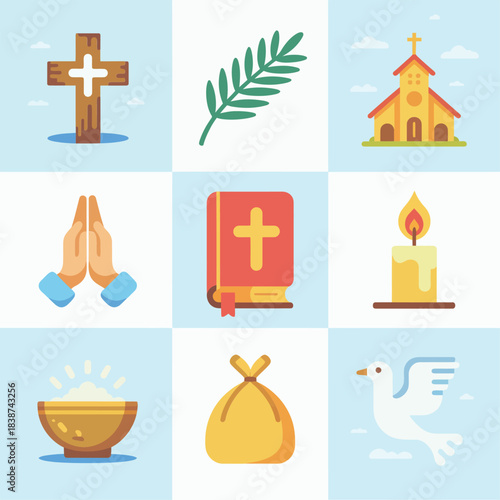 Religious devotion illustration pack, praying hands scripture candle church symbols, faith based celebration elements, soft flat vector design