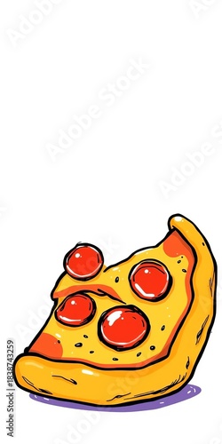A stylized, wobbly slice of pizza with a single pepperoni, hand-drawn style ,  pizza,  icon