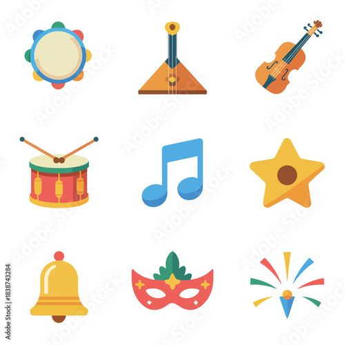 Traditional music celebration icon collection, drums violin tambourine bell notes, joyful festival performance elements, colorful flat vector