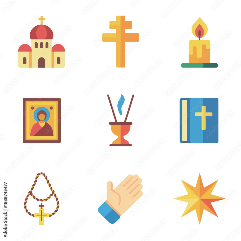 Fototapeta premium Faith and devotion icon set, church cross rosary candle star, spiritual celebration elements, clean modern flat vector illustration