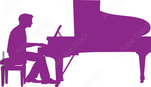 Purple silhouette of pianist playing grand piano, elegant music performance, stylized artistic rhythm, seated musician concept, vibrant instrumental scene