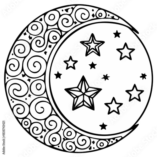 Ornamental crescent moon and stars with intricate swirl patterns celestial line art illustration