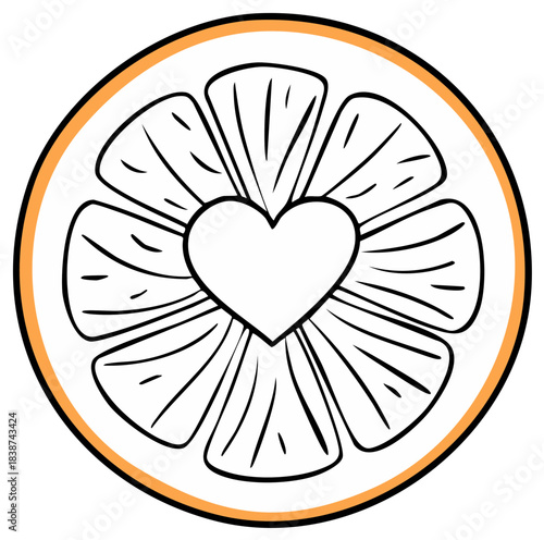 Graphic illustration of orange slice containing heart shape in the center on white background