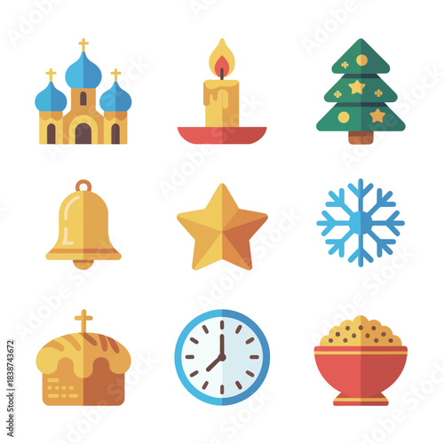 Winter religious festival icon set, church candle star snowflake bread, seasonal spiritual celebration elements, colorful flat vector