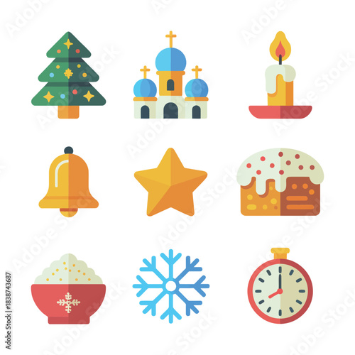 Religious winter celebration illustration pack, church candle bell star cake, spiritual holiday symbols, clean flat vector design
