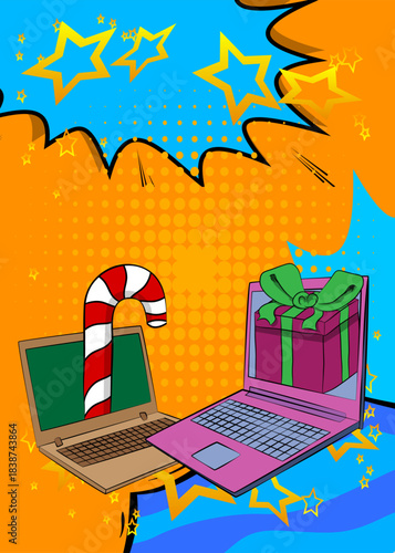 Cartoon Laptop, comic book Notebook with Gift Box and Candy cane. Retro vector comics pop art design.