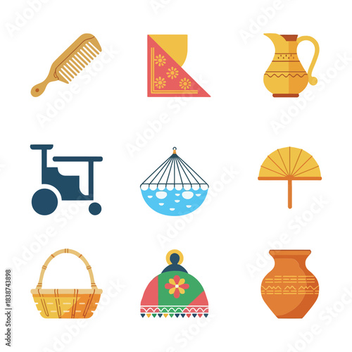 Heritage household object icon set, pitcher comb basket fan vessel, folk lifestyle celebration elements, clean flat vector illustration