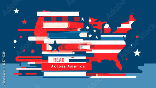 Stylized map of the United States with a stack of red, white, and blue books, promoting reading across America.