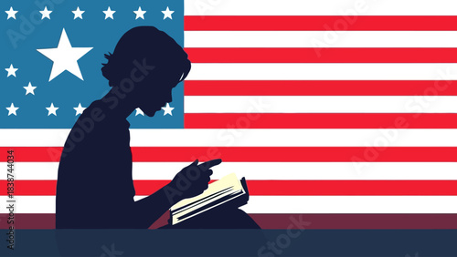 A silhouette of a person reading a book against a stylized American flag background with a large star.