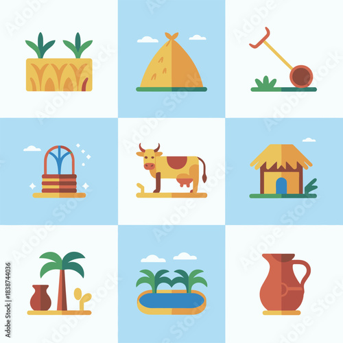 Village lifestyle illustration pack, rural houses farms boats animals, cultural community celebration elements, clean flat vector design