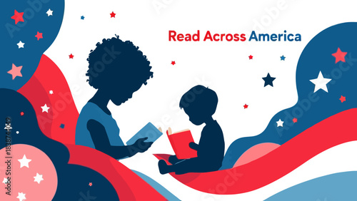 Two children reading books with a patriotic "Read Across America" theme.
