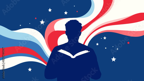 Silhouette of a person reading an open book with patriotic red, white, and blue flag-like waves and stars in the background, symbolizing education and freedom.