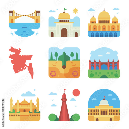 National heritage landmark icon collection, bridges mosques monuments rivers map, cultural celebration travel elements, clean flat vector design