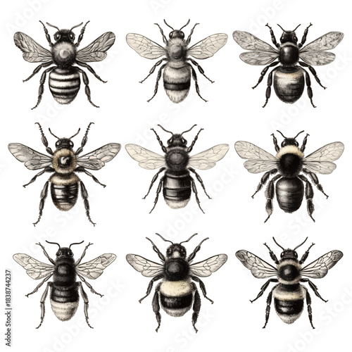 Collection of nine detailed vintage bee illustrations isolated on white.