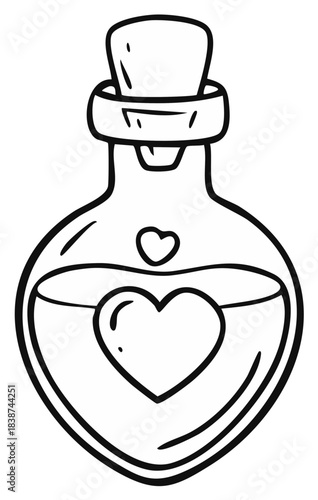 A hand drawn love potion in a glass bottle with a heart inside line art illustration