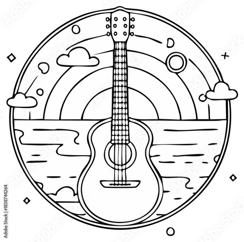Acoustic guitar art illustration with rainbow ocean and clouds symbol design