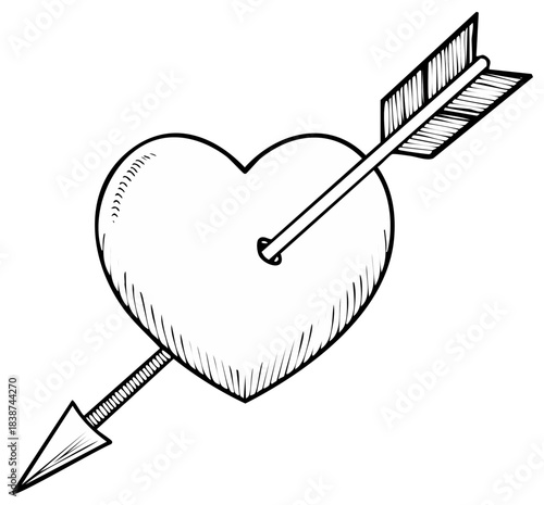 Black and white sketch illustration of a heart pierced by Cupids arrow symbol of love