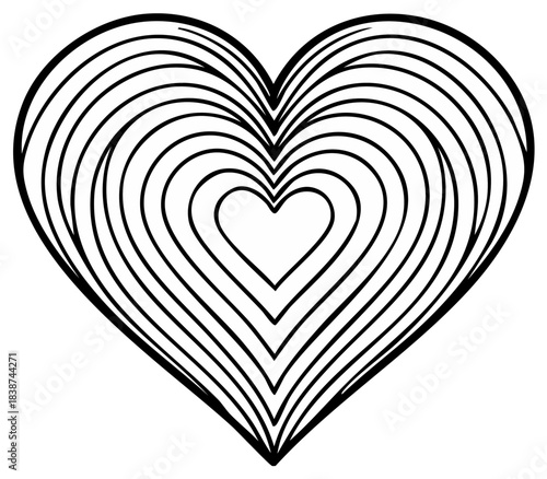 Black outlined heart shape illustration with many nested contours symbolizing love and romance