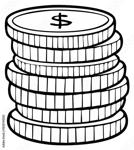 Stack of outline coins with dollar symbol, simple line art, finance concept