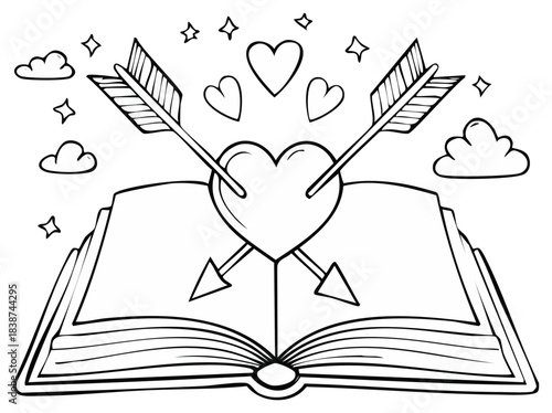Open book with romantic heart pierced by Cupid arrows and floating clouds stars doodle art