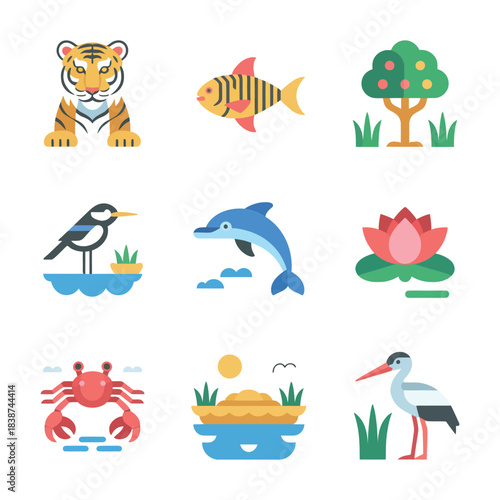 Forest wildlife icon set, animals birds plants water scenery, nature conservation celebration elements, colorful flat vector illustration