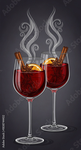Two Glasses of Steaming Mulled Wine with Cinnamon Sticks and Orange Slices.