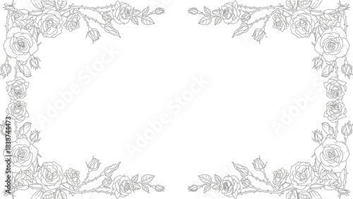 Elegant roses frame in silver tones for wedding invitations and greeting cards or other designs