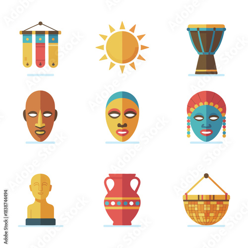 African cultural festival icon set, tribal masks drums sun baskets, traditional heritage celebration elements, colorful flat vector illustration