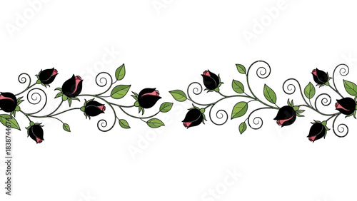 Elegant floral border with stylized black roses and green leaves illustration