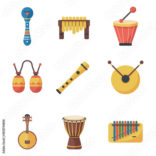 Traditional music instrument icon set, drums flutes shakers strings, cultural performance celebration elements, colorful flat vector illustration