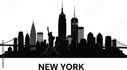 New York City skyline, silhouette, Statue of Liberty, iconic buildings, urban architecture, USA