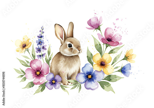 Adorable watercolor baby bunny nestled among vibrant spring wildflowers perfect for easter designs