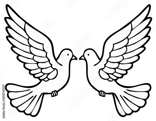 Symmetrical line art illustration of two flying doves a symbol of love and peace