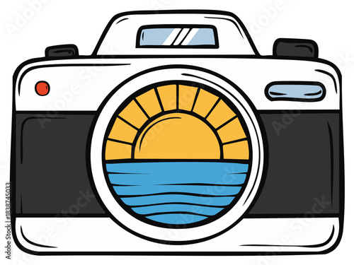 Retro camera with a beach sunset scene in the lens