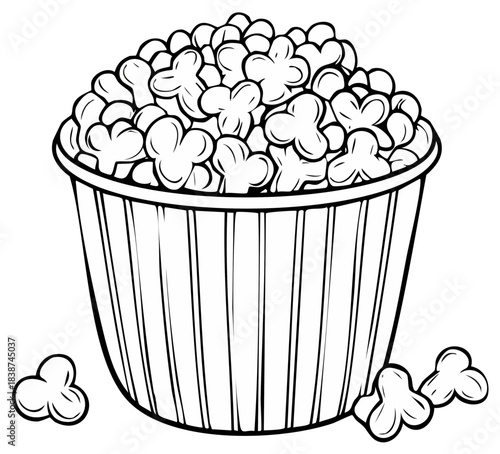 A classic striped bucket overflowing with popcorn, a black and white line art illustration for a coloring book page