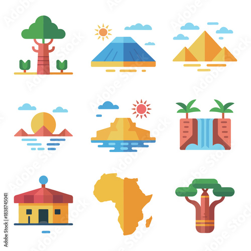 Nature and settlement illustration pack, savanna trees homes rivers hills, cultural environment celebration elements, modern flat vector