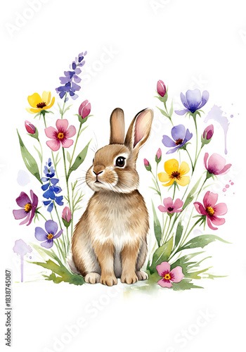 Adorable watercolor bunny nestled among vibrant spring wildflowers in a charming garden setting
