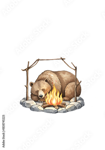 Adorable watercolor grizzly bear sleeping peacefully beside a warm campfire in a wilderness setting