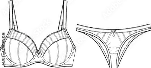 Lingerie set technical sketch, underwire bra, lace trim, bow pendant, seam detail, cad drawing flat vector illustration