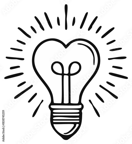 Hand drawn heart shaped light bulb glowing with passion and creative ideas