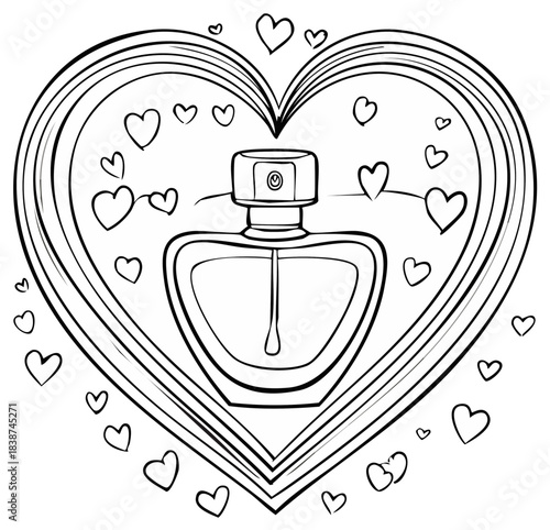 Perfume Bottle in a Heart Frame with Floating Love Hearts Line Art for Coloring