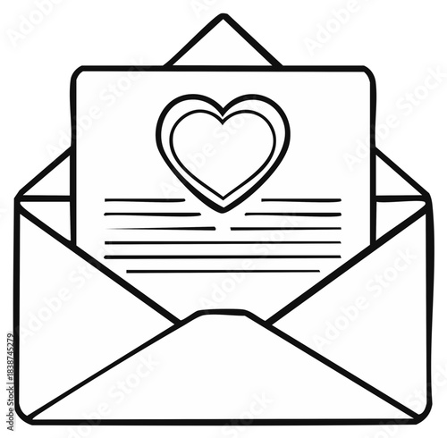Open envelope with a love letter inside featuring a double outline heart