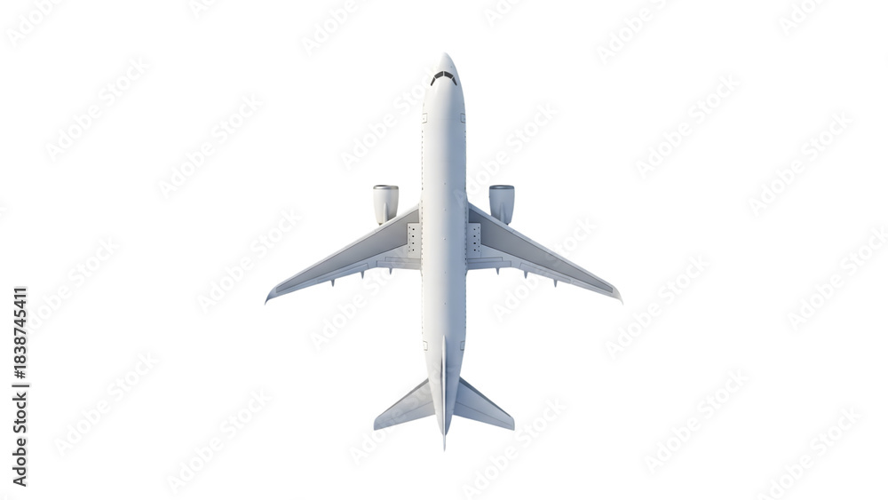 Fototapeta premium Top view of a white passenger airplane isolated on transparent background