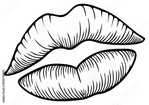 Stylized Black and White Line Art Drawing of Kissing Lips
