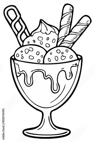 Ice Cream Sundae with Wafers and Chocolate Sauce Outline Illustration