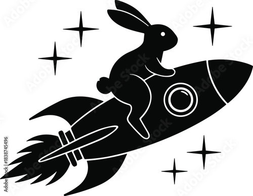 Rabbit silhouette riding rocket in space, whimsical cartoon animal astronaut, fantasy cosmic adventure illustration, surreal stars background, imaginative creative artwork design
