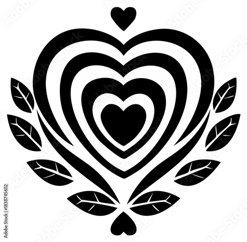 Elegant nested hearts with natural leaf decoration forming a symmetrical romantic emblem graphic design