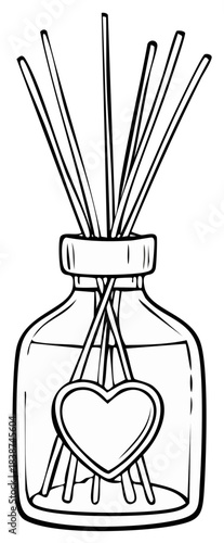 Black and white line art illustration of a home aromatherapy reed diffuser with a heart decoration